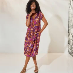 Jurk<Blancheporte Ruime jurk in bedrukte viscose, korte mouwen paars / veelkleurig