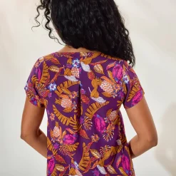 Jurk<Blancheporte Ruime jurk in bedrukte viscose, korte mouwen paars / veelkleurig