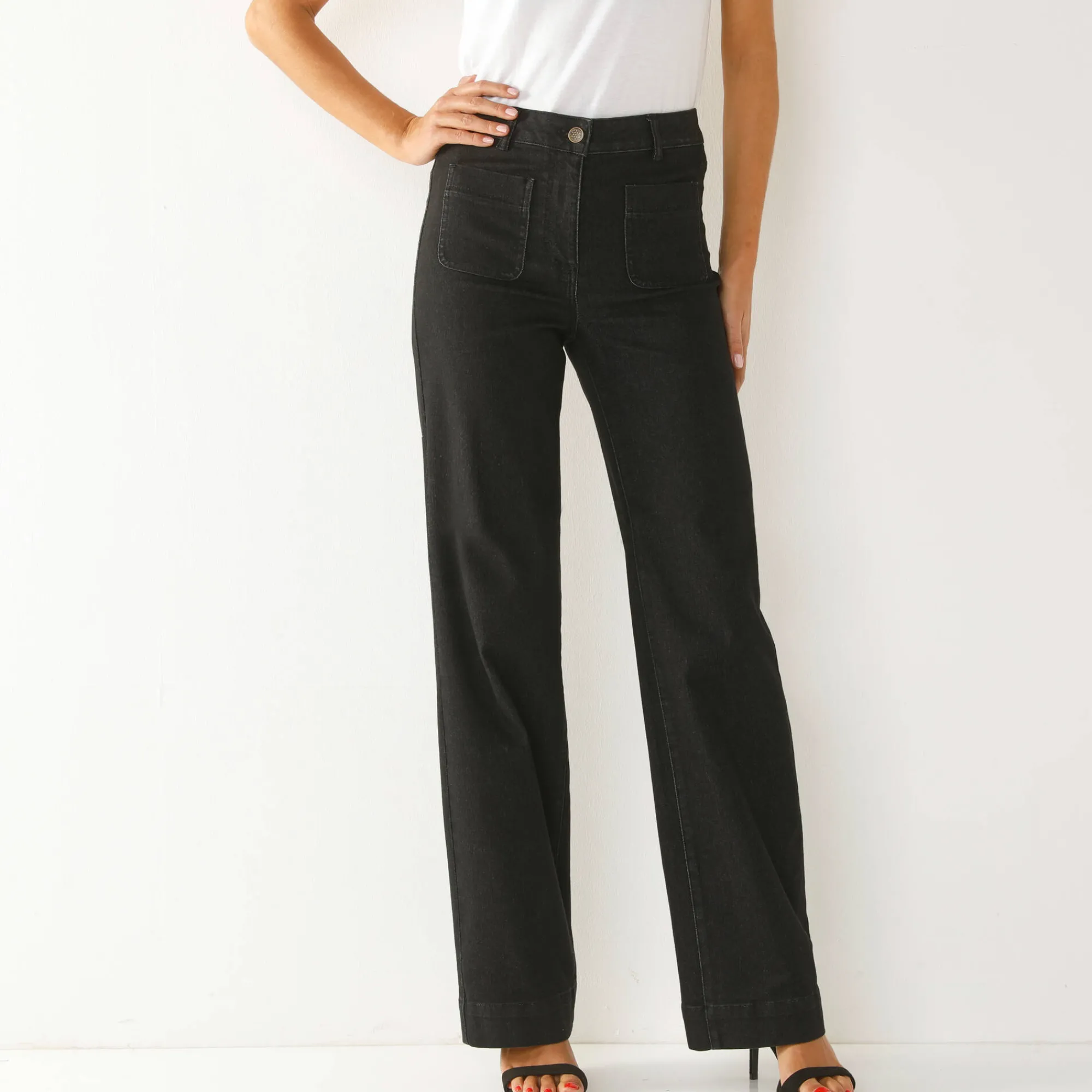 Jeans|Broek<Blancheporte Ruime, rechte jeans, hoge taille, kleine lengte used black