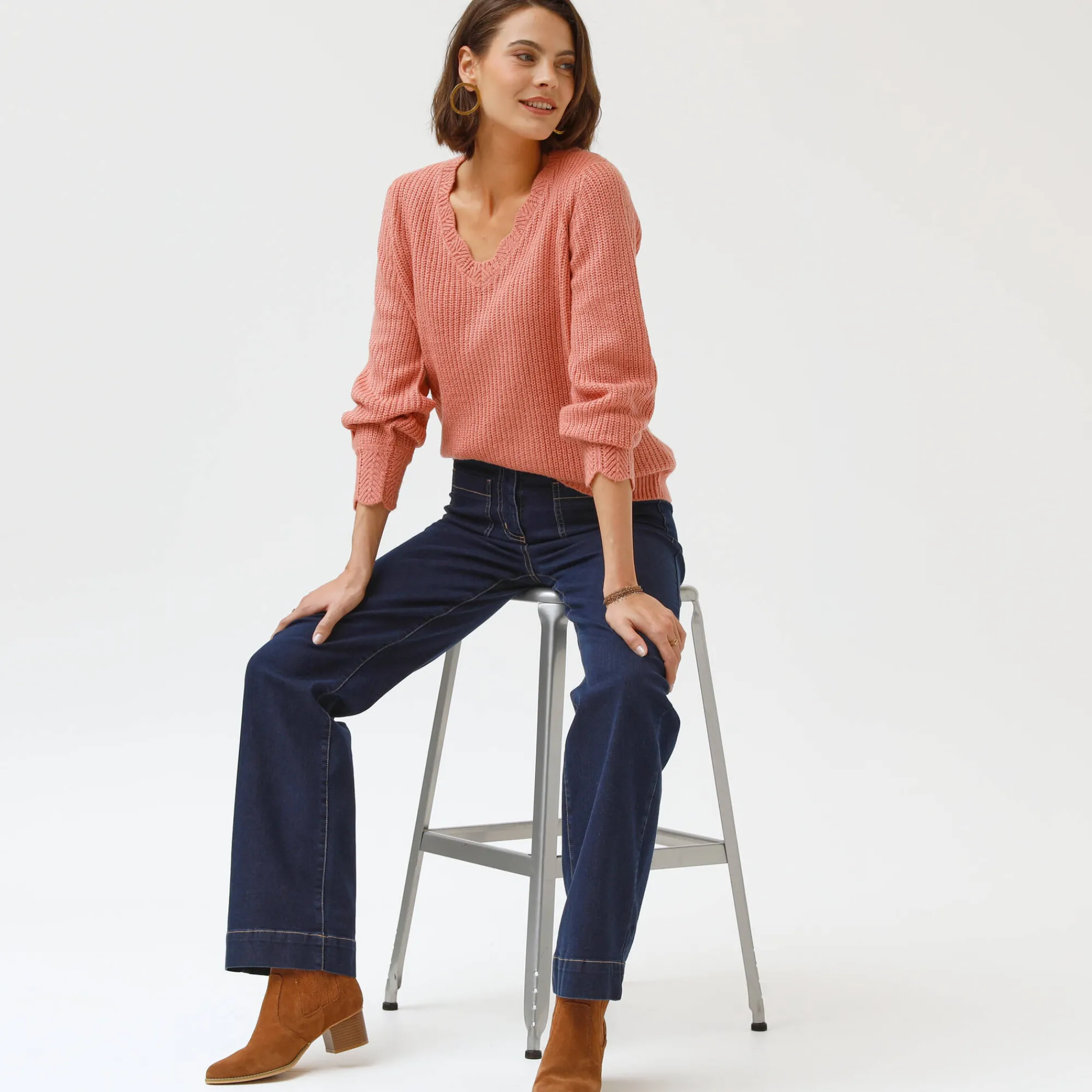 Jeans|Broek<Blancheporte Ruime, rechte jeans, hoge taille, kleine lengte raw