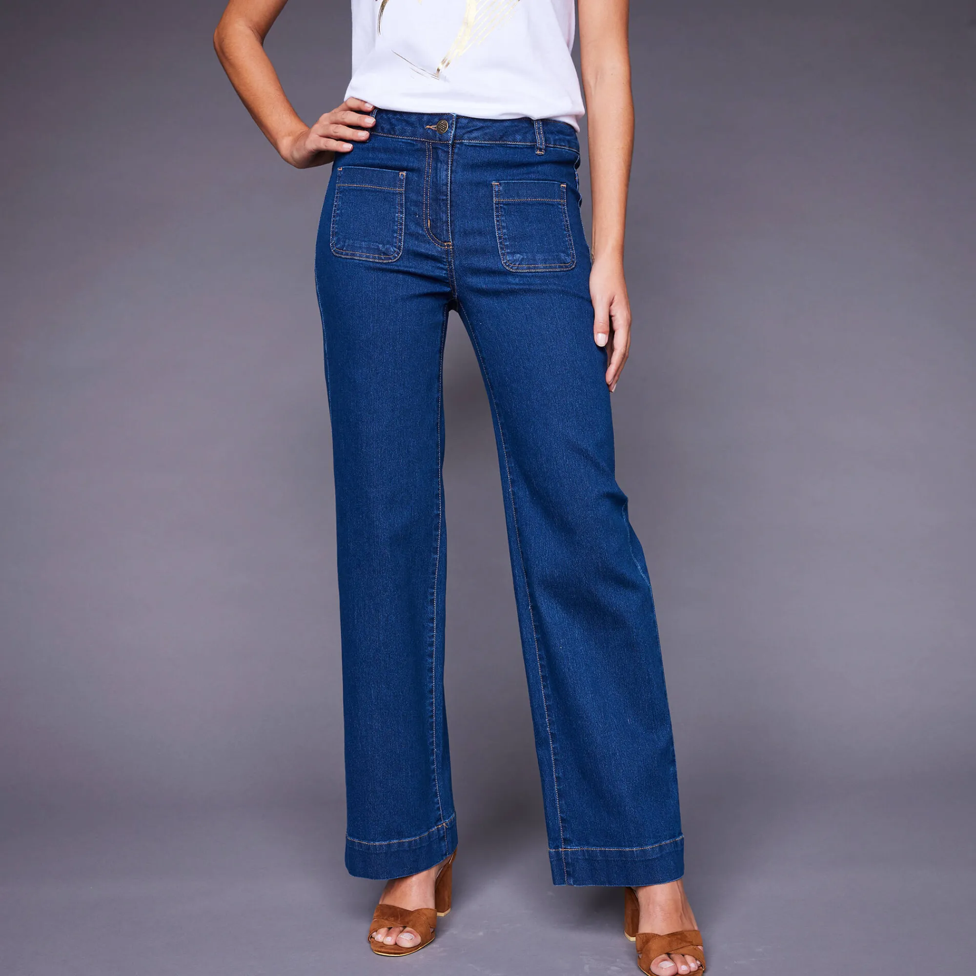 Jeans|Broek<Blancheporte Ruime, rechte jeans, hoge taille, kleine lengte stone