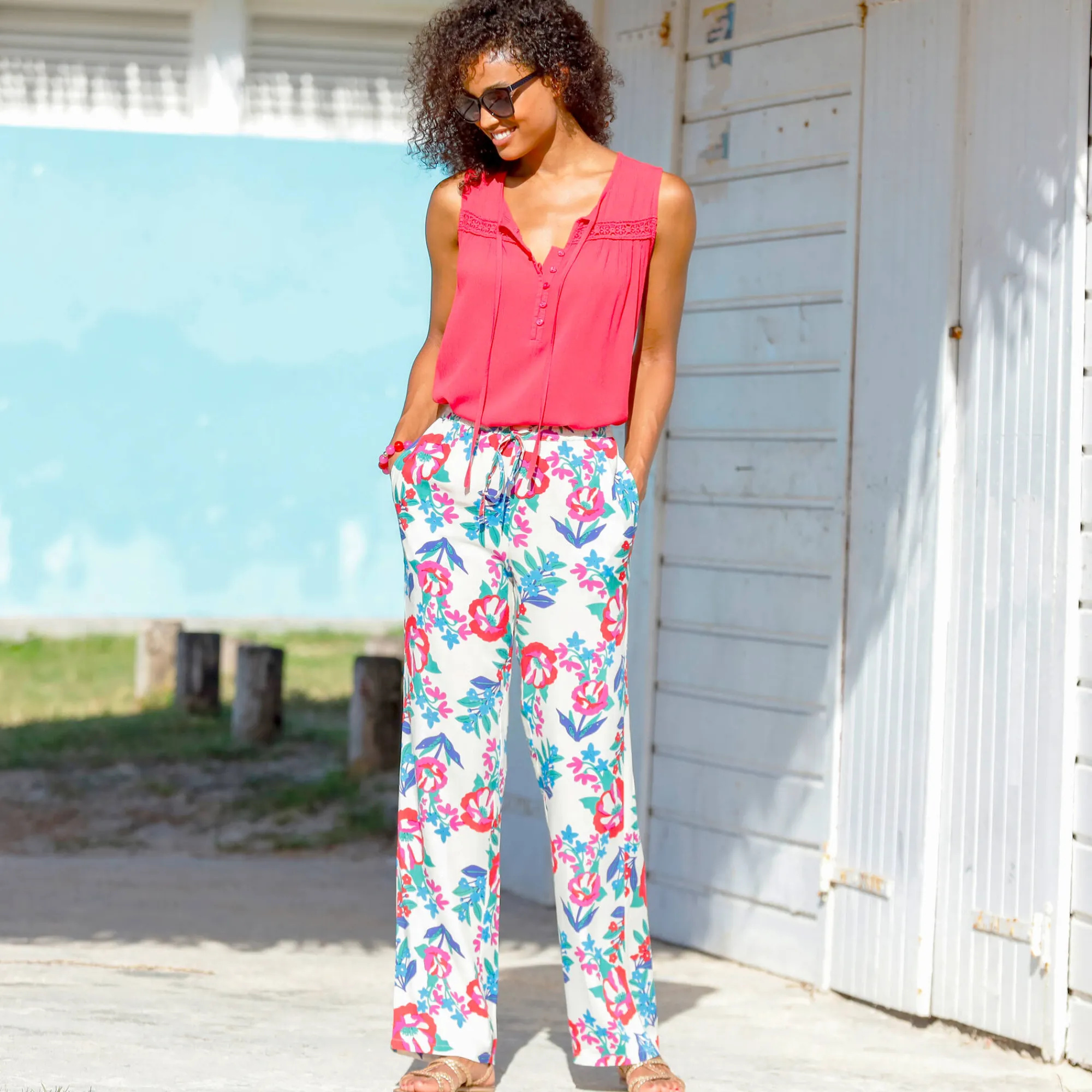 Broek<Blancheporte Ruime, soepele broek, bedrukt ecru
