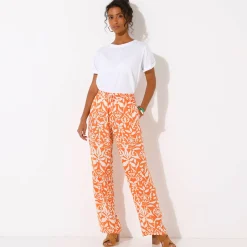 Broek<Blancheporte Ruime, soepele broek, tweekleurige etnische print mandarijn / beige
