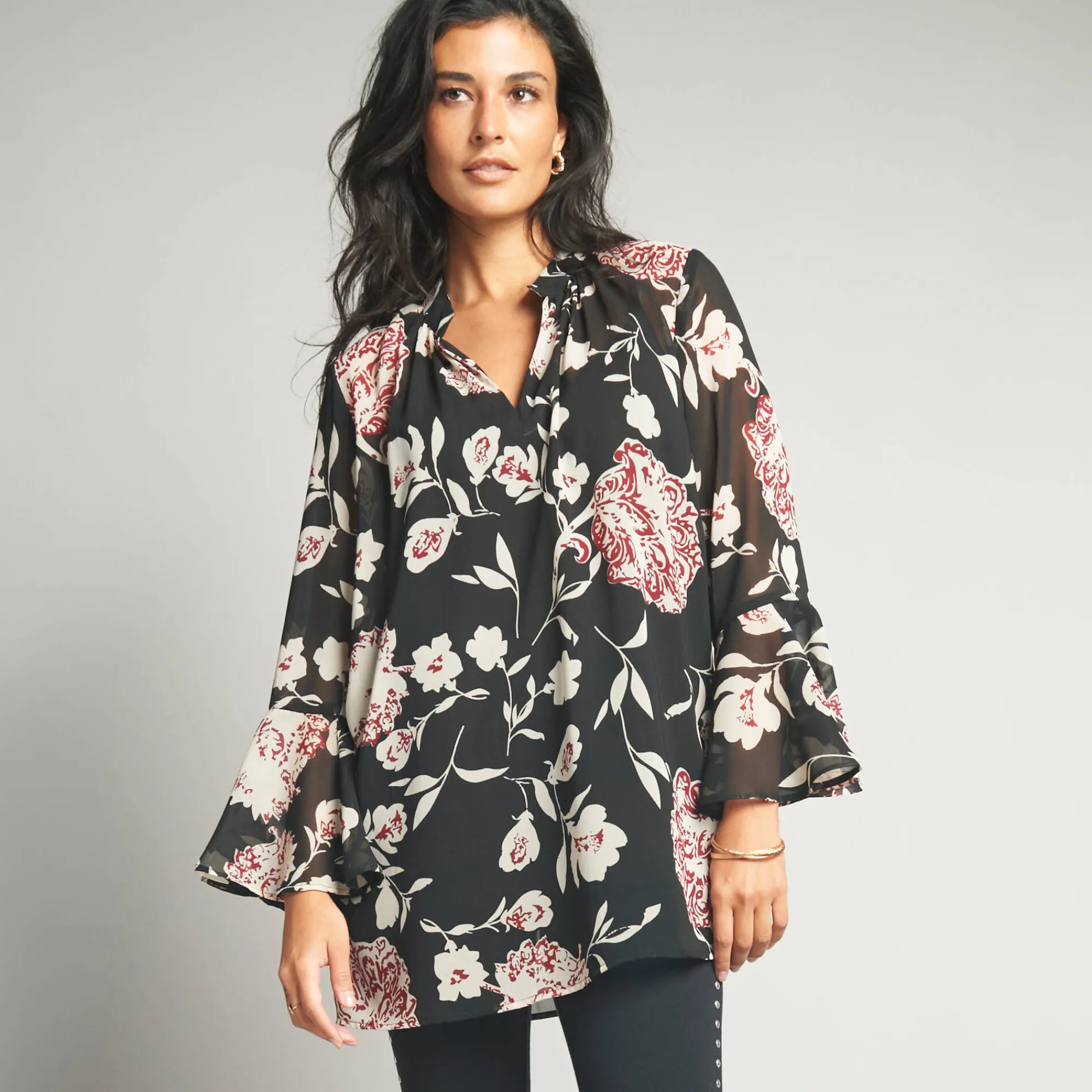 Feestoutfits Dames|Bloes En Tuniek<Lora Zellini Ruime tuniek, in bedrukte voile zwart / beige