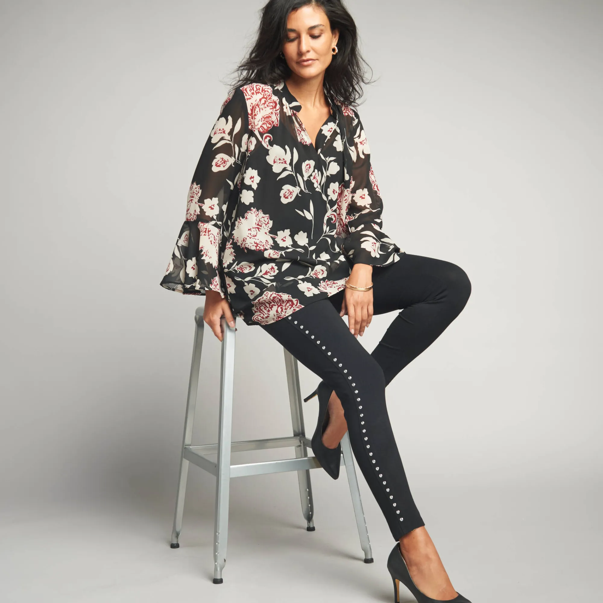 Feestoutfits Dames|Bloes En Tuniek<Lora Zellini Ruime tuniek, in bedrukte voile zwart / beige