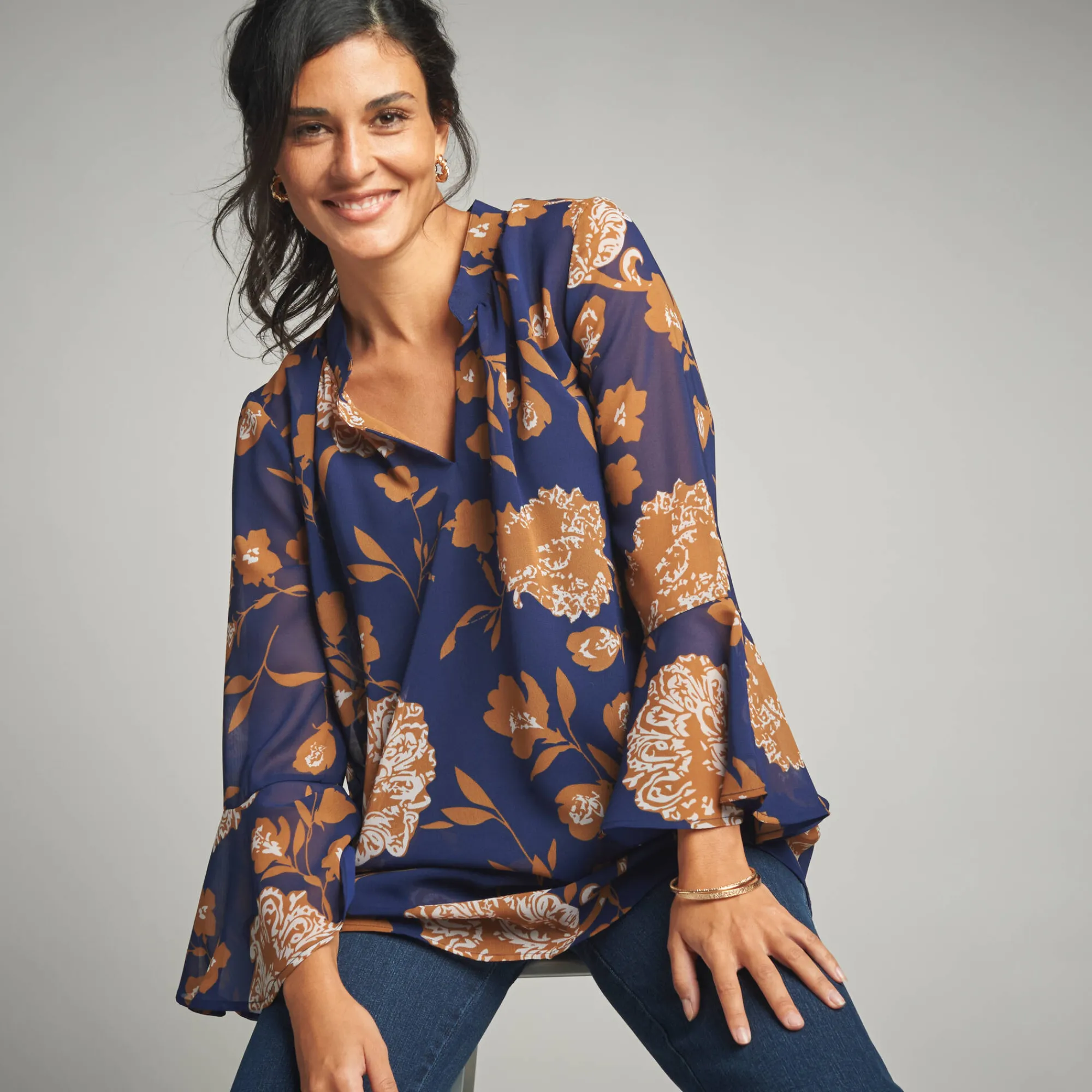 Bloes En Tuniek<Lora Zellini Ruime tuniek, in bedrukte voile indigo / karamel