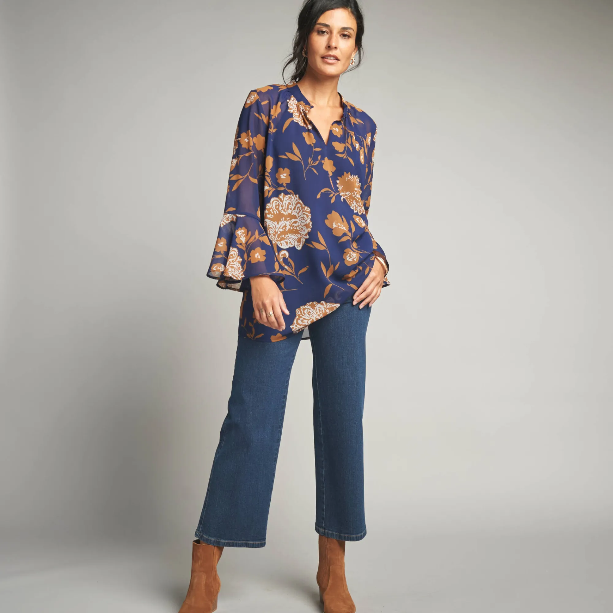 Bloes En Tuniek<Lora Zellini Ruime tuniek, in bedrukte voile indigo / karamel