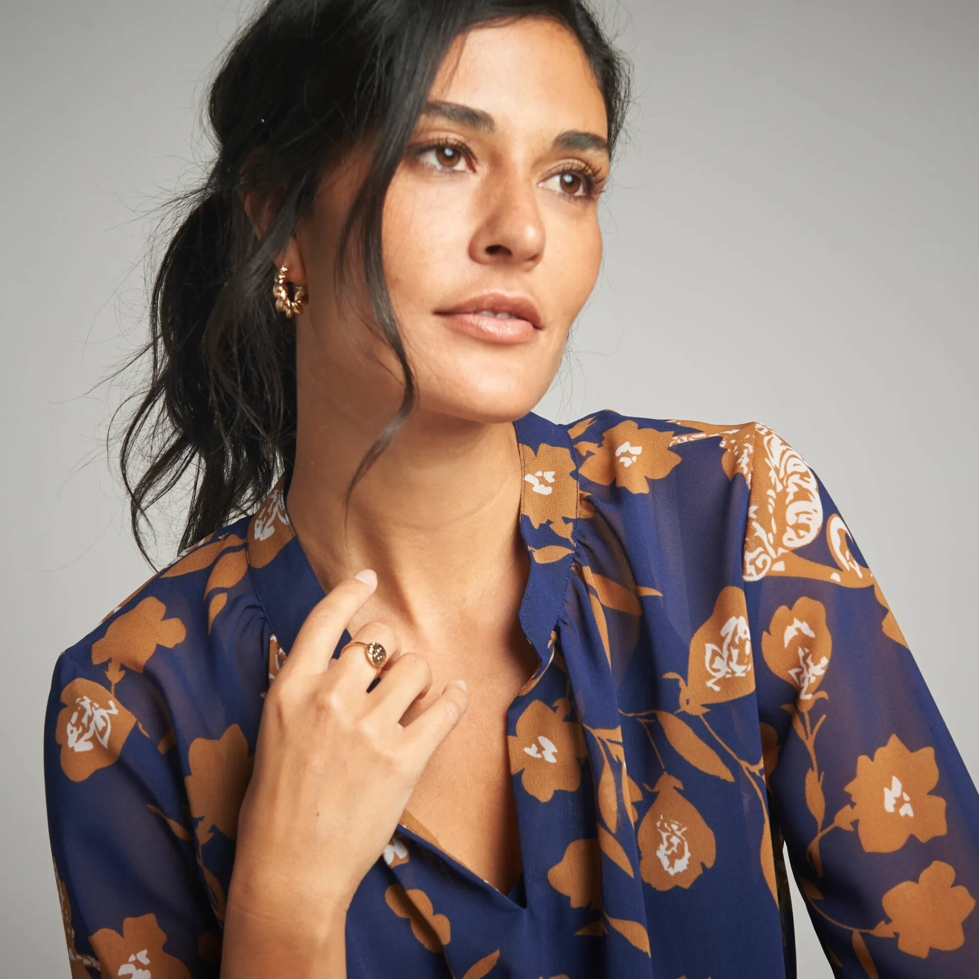 Bloes En Tuniek<Lora Zellini Ruime tuniek, in bedrukte voile indigo / karamel