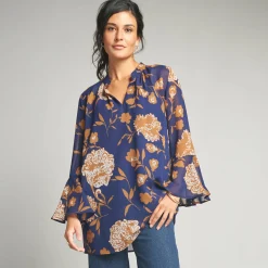 Bloes En Tuniek<Lora Zellini Ruime tuniek, in bedrukte voile indigo / karamel