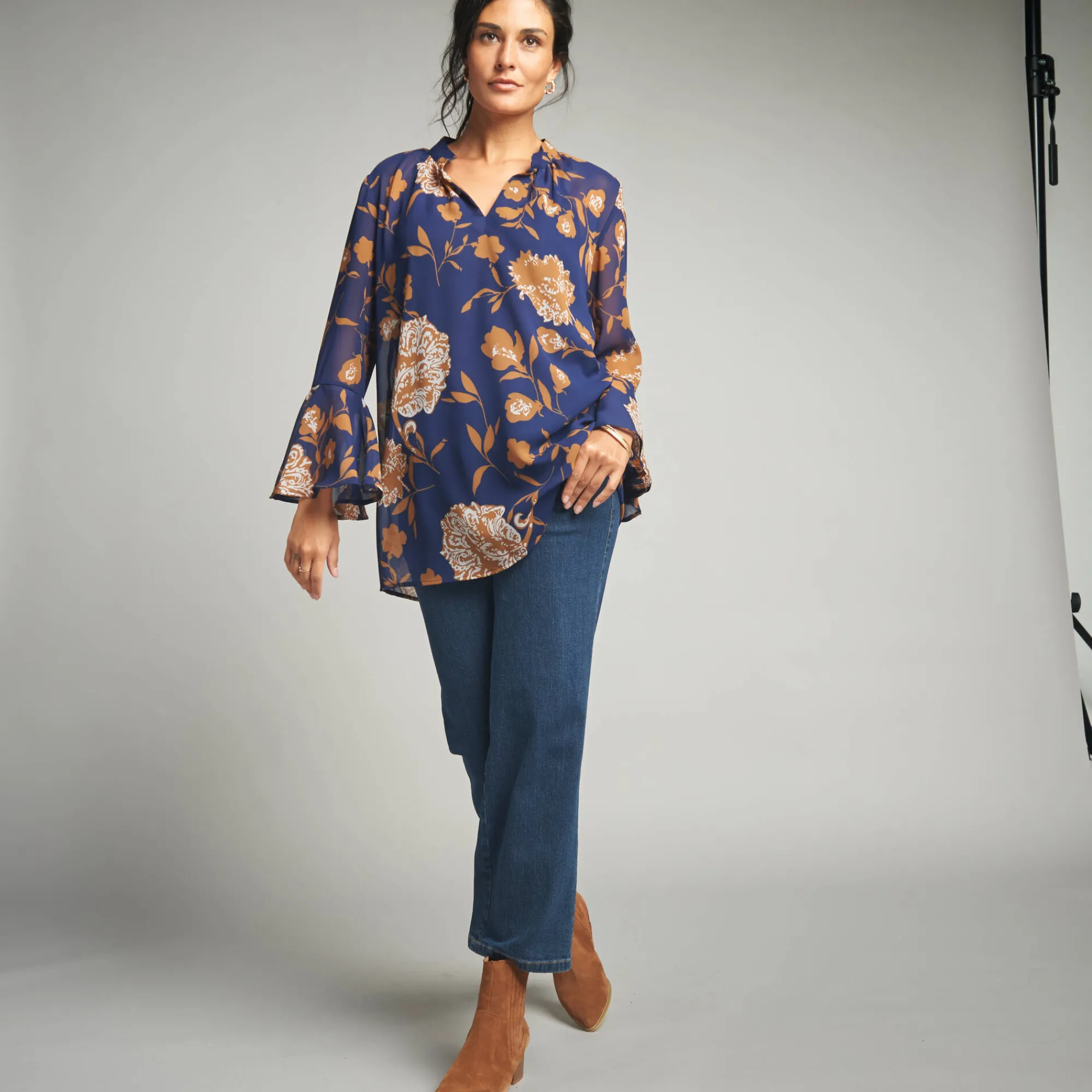 Bloes En Tuniek<Lora Zellini Ruime tuniek, in bedrukte voile indigo / karamel