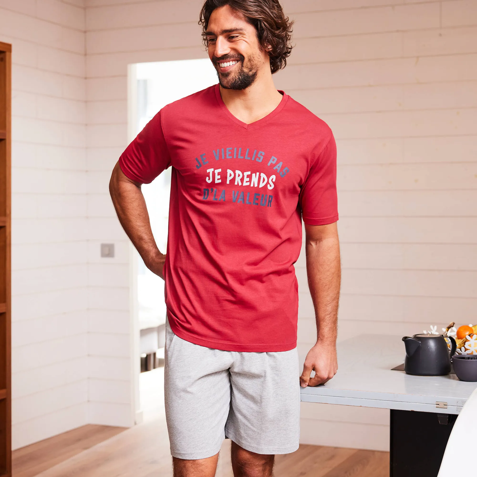 Pyjama En Kamerjas<Blancheporte Shortama met letterprint bordeaux / chiné grijs