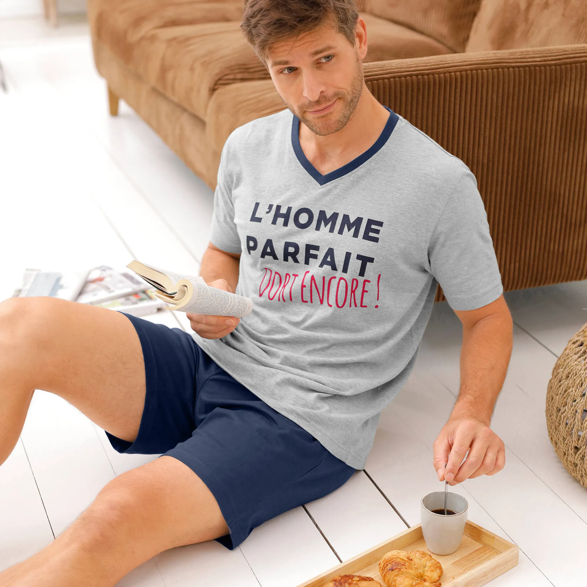Pyjama En Kamerjas<Blancheporte Shortama met V-hals en korte mouwen chiné grijs / marine