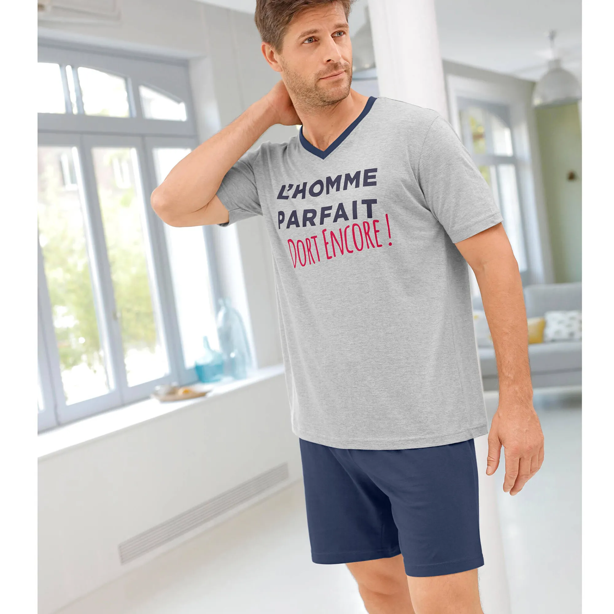 Pyjama En Kamerjas<Blancheporte Shortama met V-hals en korte mouwen chiné grijs / marine