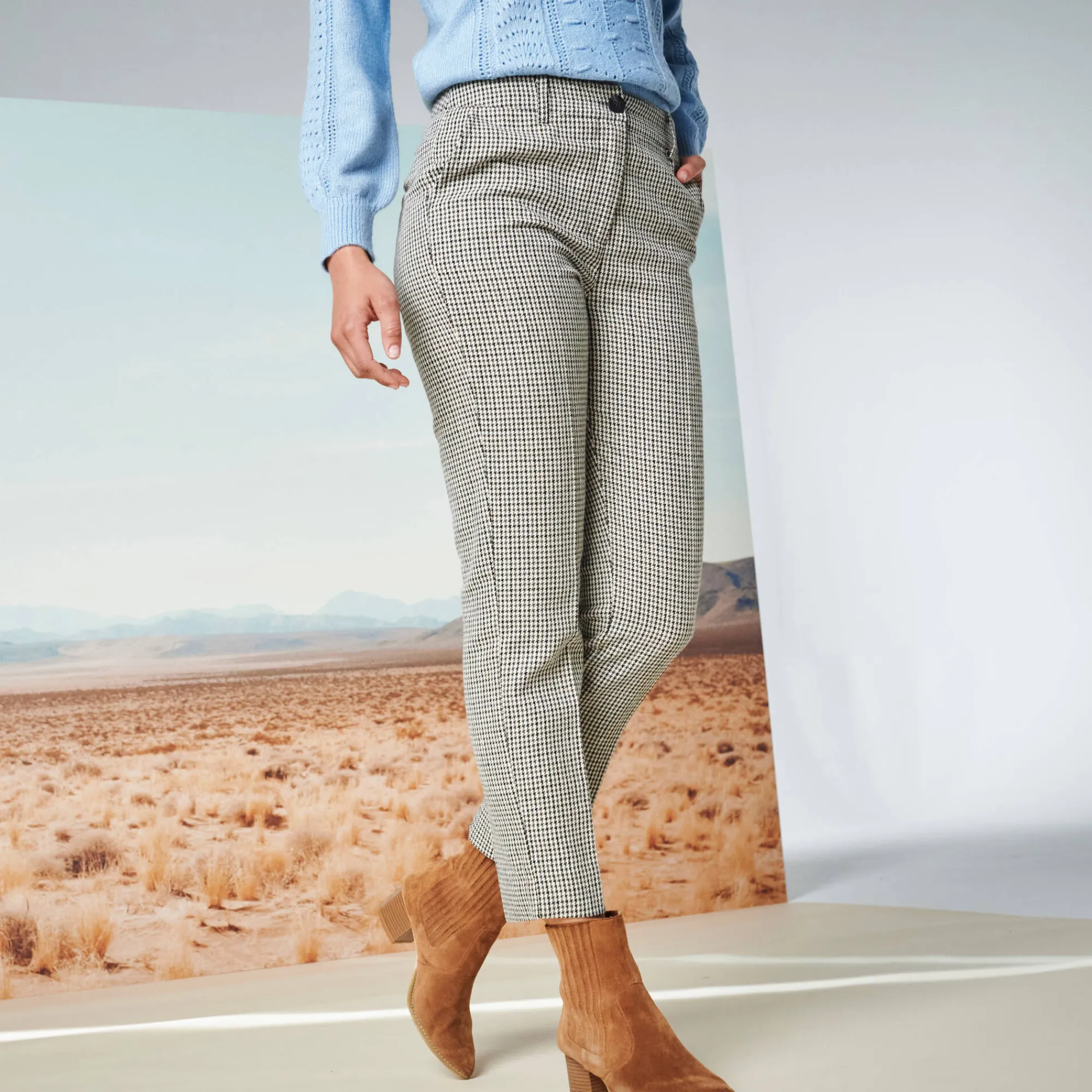 Broek<Blancheporte 77/8-slimbroek, pied-de-poule print beige / chocolade