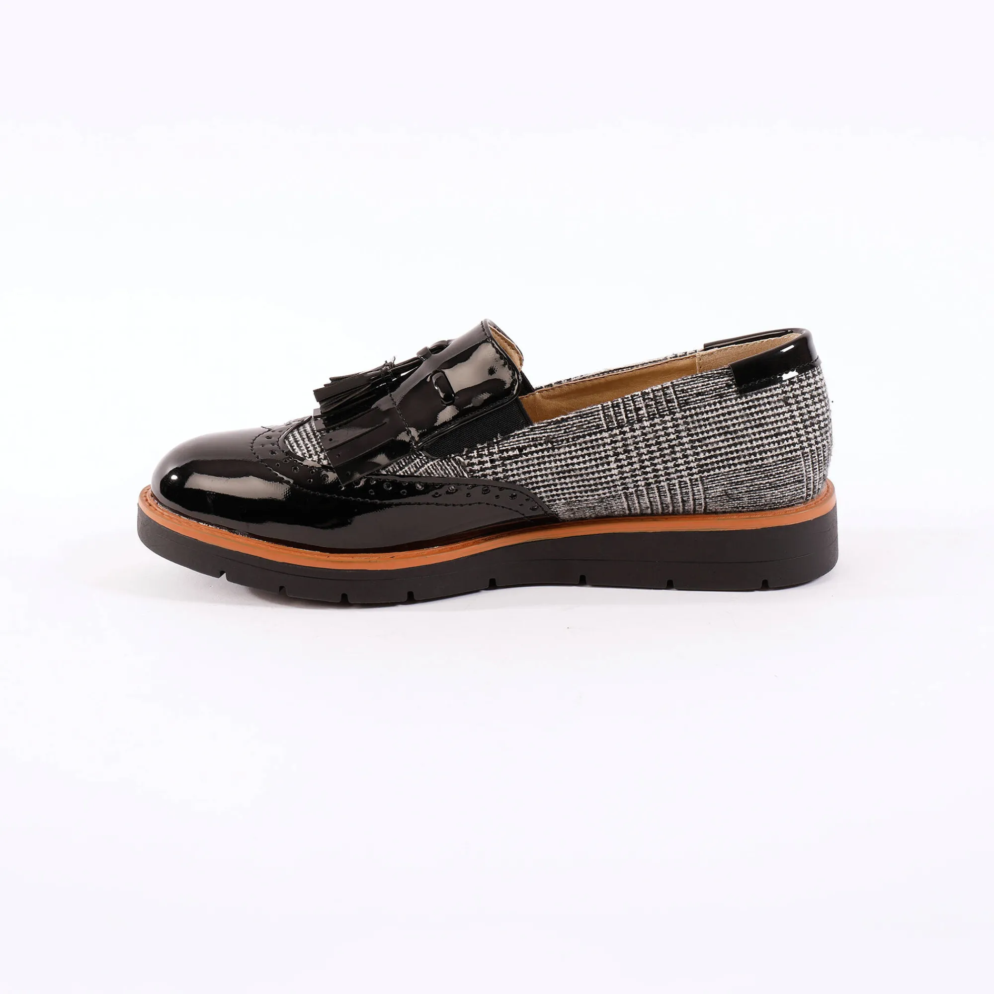 Derby's En Mocassins|Schoenen<Blancheporte Slip-ons met sleehak, franjes en pompons - geruit/grijs zwart / grijs
