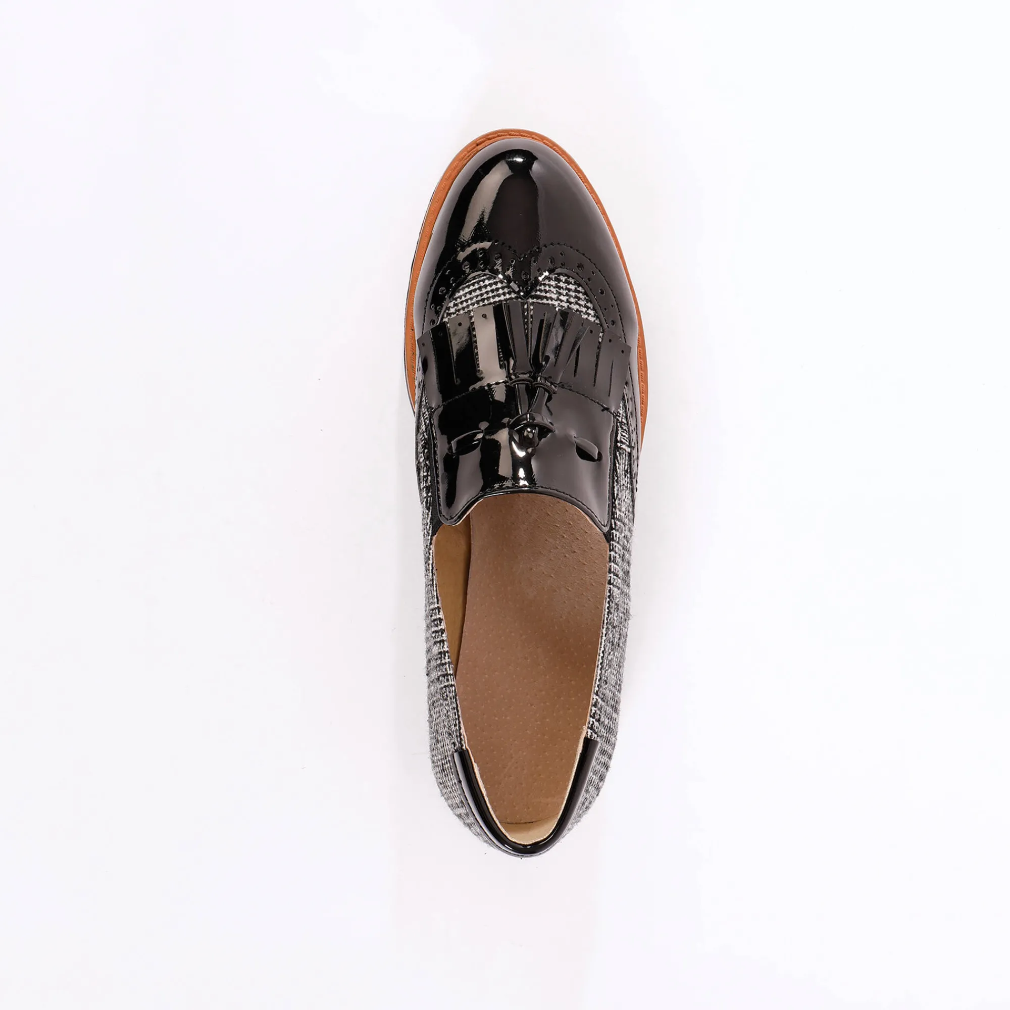 Derby's En Mocassins|Schoenen<Blancheporte Slip-ons met sleehak, franjes en pompons - geruit/grijs zwart / grijs