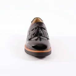 Derby's En Mocassins|Schoenen<Blancheporte Slip-ons met sleehak, franjes en pompons - geruit/grijs zwart / grijs