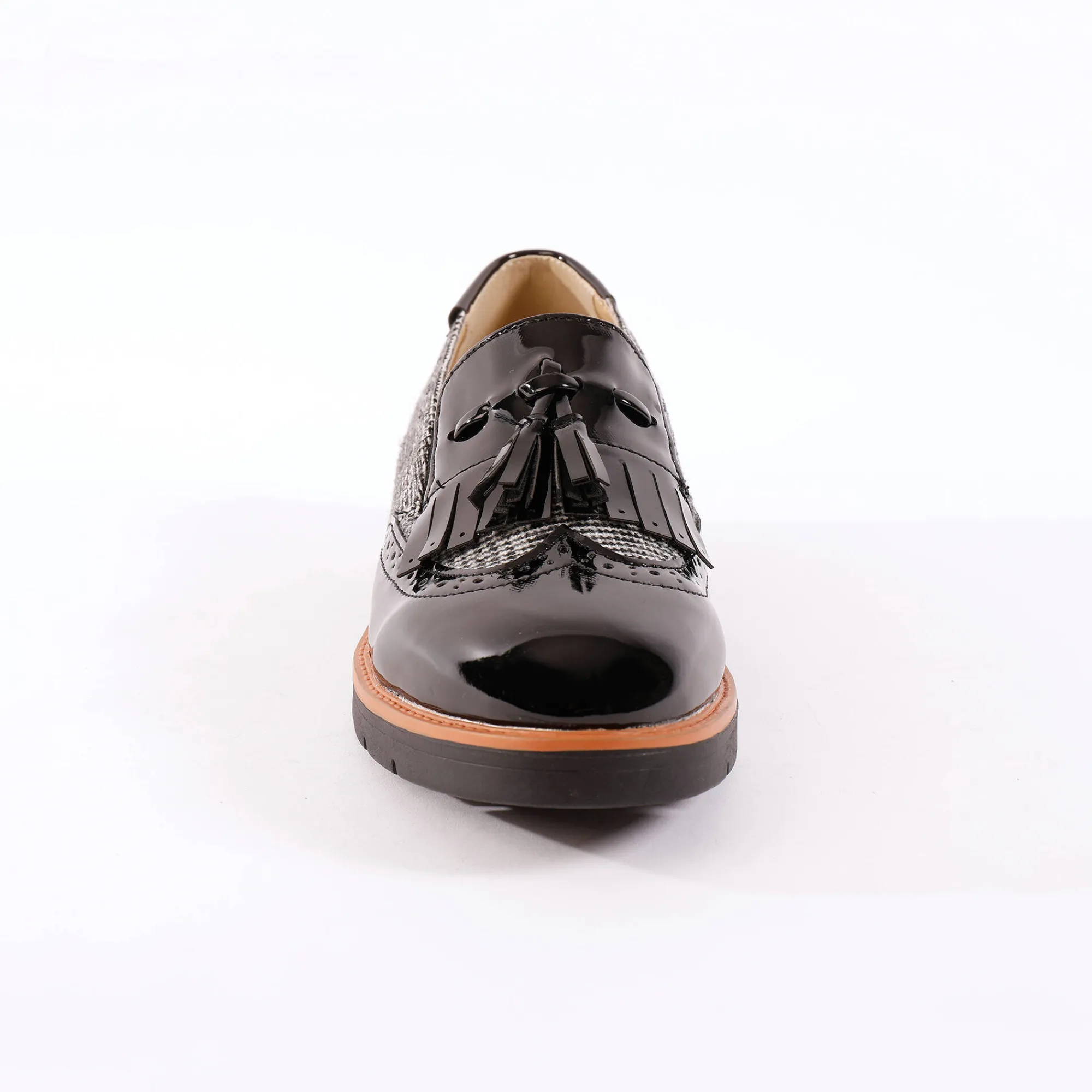 Derby's En Mocassins|Schoenen<Blancheporte Slip-ons met sleehak, franjes en pompons - geruit/grijs zwart / grijs