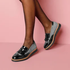 Derby's En Mocassins|Schoenen<Blancheporte Slip-ons met sleehak, franjes en pompons - geruit/grijs zwart / grijs