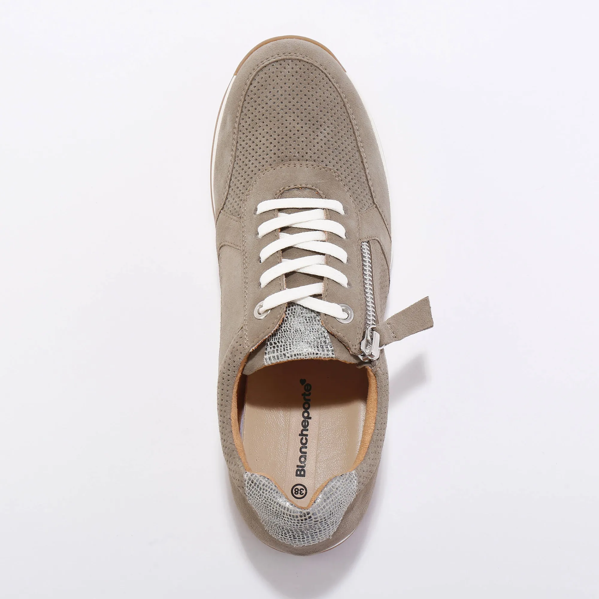 Baskets En Sneakers|Schoenen<Blancheporte Sneakers met rits, in soepel leer met zool in 2 materialen grijsgroen