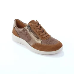 Baskets En Sneakers|Schoenen<Blancheporte Sneakers met veters en rits, in leer met rekbare pasjes taupe