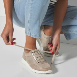 Baskets En Sneakers|Schoenen<Blancheporte Sneakers met veters, voor gevoelige voeten, rekbaar materiaal - glanzend beige