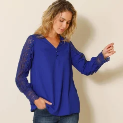 Feestoutfits Dames|Bloes En Tuniek<Blancheporte Soepele bloes met V-hals en lange mouwen, in macramé felblauw