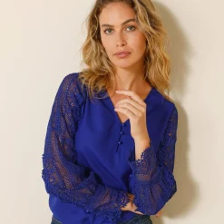 Feestoutfits Dames|Bloes En Tuniek<Blancheporte Soepele bloes met V-hals en lange mouwen, in macramé felblauw