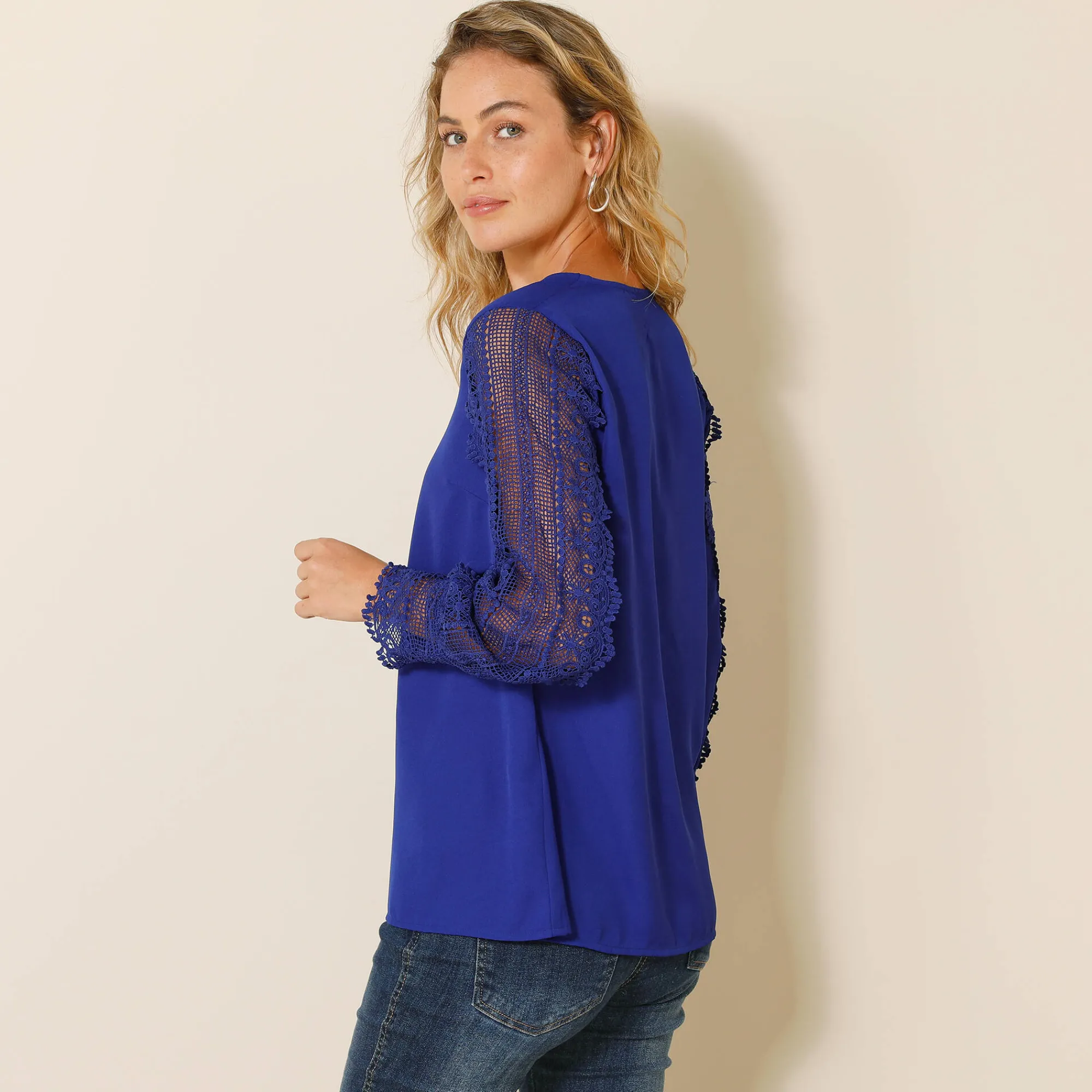 Feestoutfits Dames|Bloes En Tuniek<Blancheporte Soepele bloes met V-hals en lange mouwen, in macramé felblauw