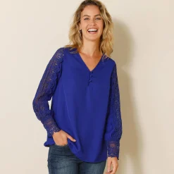 Feestoutfits Dames|Bloes En Tuniek<Blancheporte Soepele bloes met V-hals en lange mouwen, in macramé felblauw