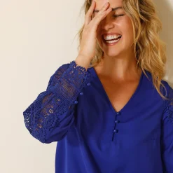 Feestoutfits Dames|Bloes En Tuniek<Blancheporte Soepele bloes met V-hals en lange mouwen, in macramé felblauw