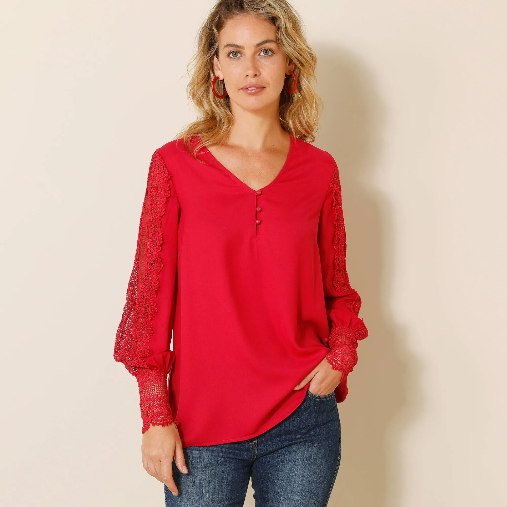 Feestoutfits Dames|Bloes En Tuniek<Blancheporte Soepele bloes met V-hals en lange mouwen, in macramé framboos