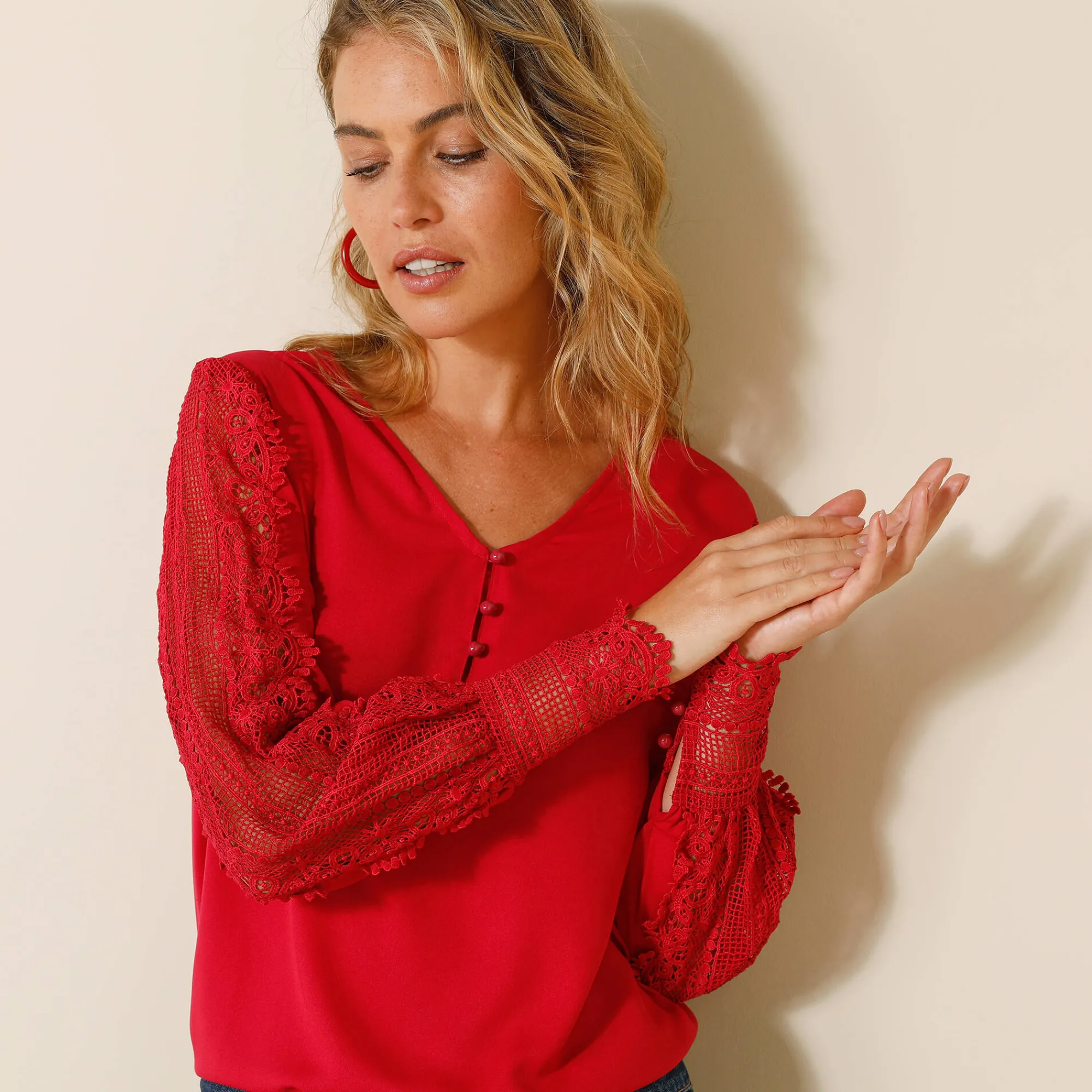 Feestoutfits Dames|Bloes En Tuniek<Blancheporte Soepele bloes met V-hals en lange mouwen, in macramé framboos