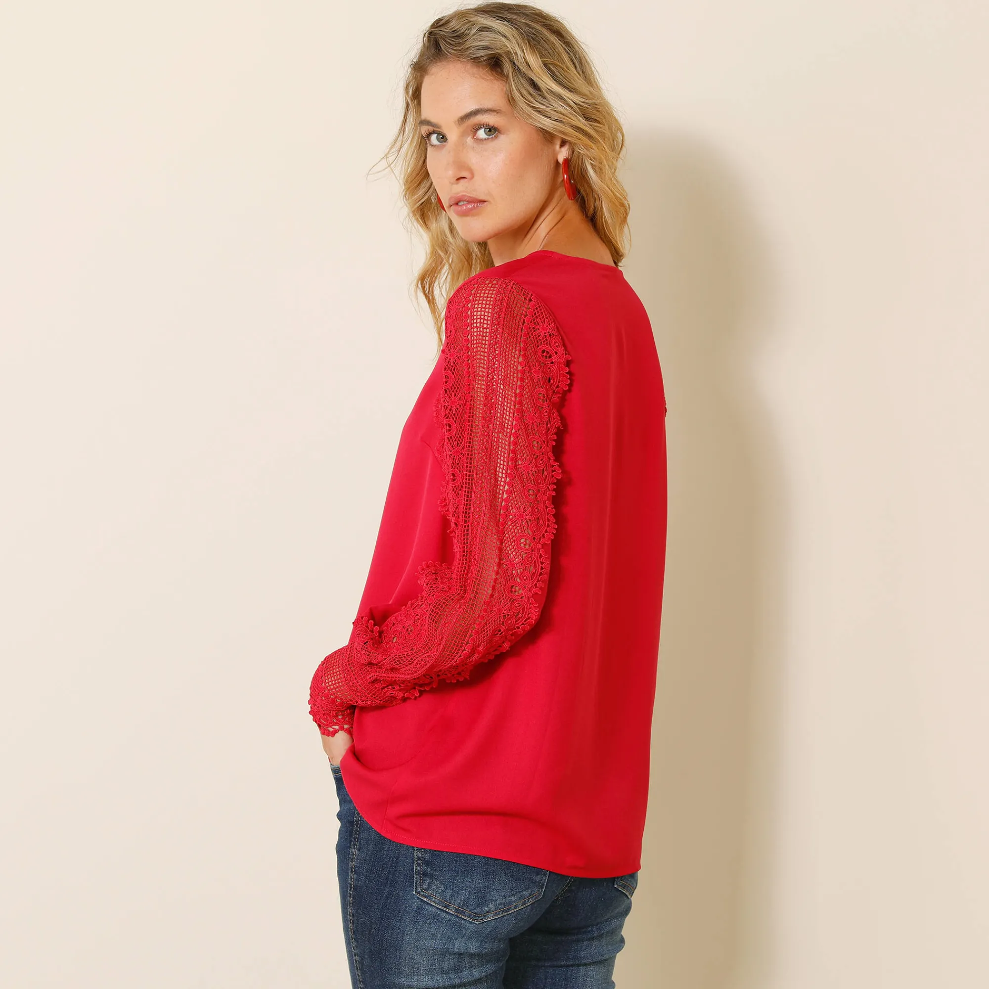 Feestoutfits Dames|Bloes En Tuniek<Blancheporte Soepele bloes met V-hals en lange mouwen, in macramé framboos