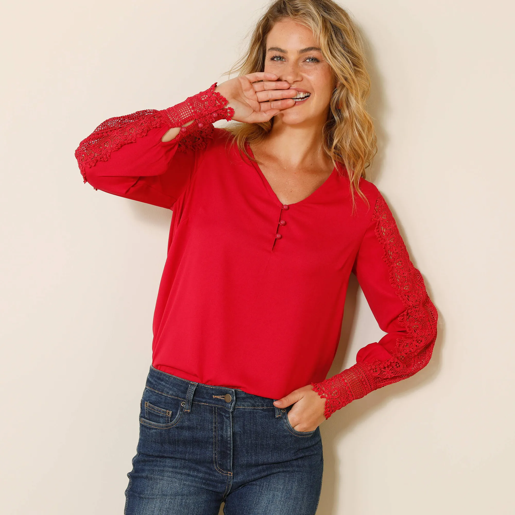 Feestoutfits Dames|Bloes En Tuniek<Blancheporte Soepele bloes met V-hals en lange mouwen, in macramé framboos