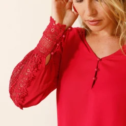 Feestoutfits Dames|Bloes En Tuniek<Blancheporte Soepele bloes met V-hals en lange mouwen, in macramé framboos
