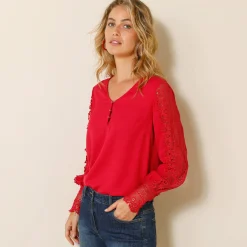 Feestoutfits Dames|Bloes En Tuniek<Blancheporte Soepele bloes met V-hals en lange mouwen, in macramé framboos