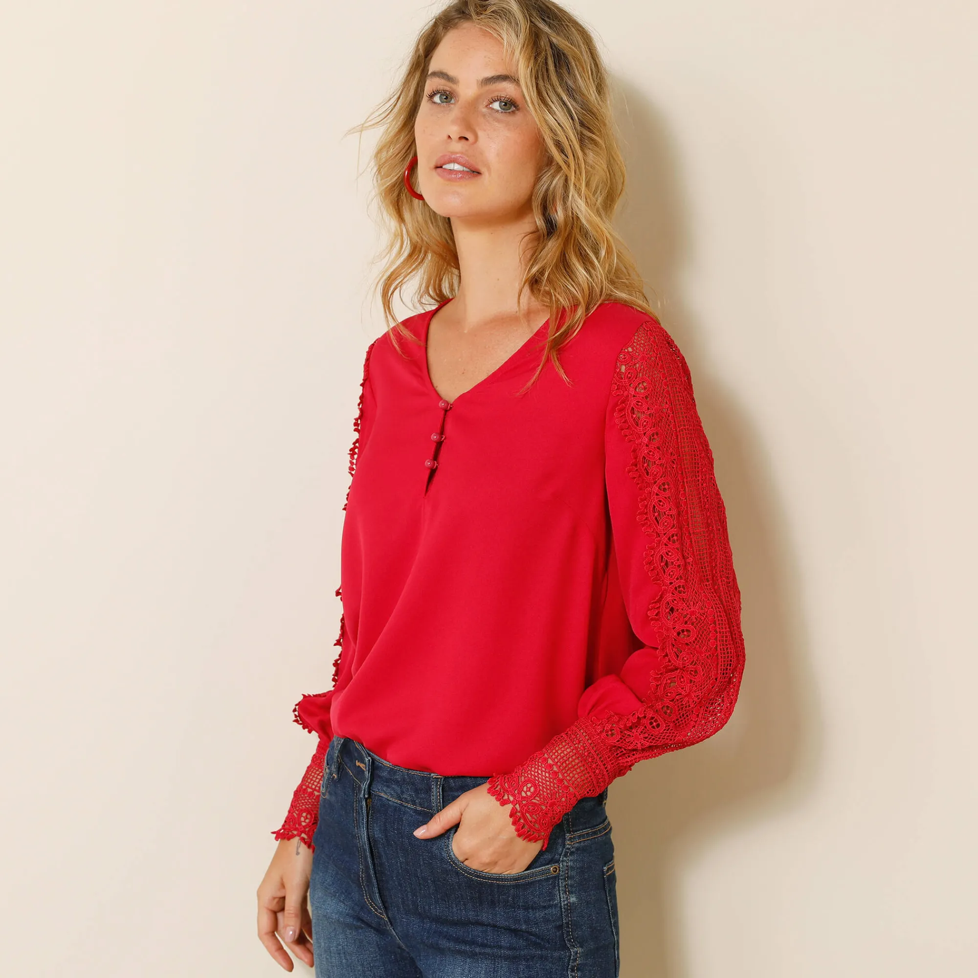 Feestoutfits Dames|Bloes En Tuniek<Blancheporte Soepele bloes met V-hals en lange mouwen, in macramé framboos