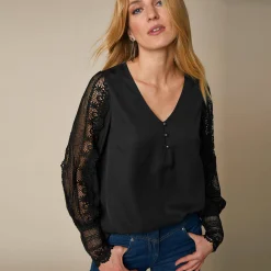 Feestoutfits Dames|Bloes En Tuniek<Blancheporte Soepele bloes met V-hals en lange mouwen, in macramé zwart