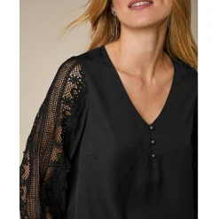 Feestoutfits Dames|Bloes En Tuniek<Blancheporte Soepele bloes met V-hals en lange mouwen, in macramé zwart