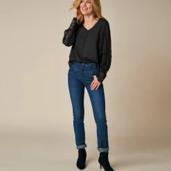 Feestoutfits Dames|Bloes En Tuniek<Blancheporte Soepele bloes met V-hals en lange mouwen, in macramé zwart