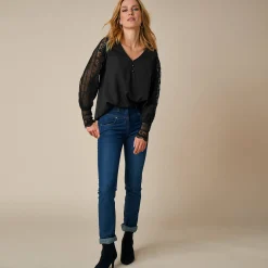 Feestoutfits Dames|Bloes En Tuniek<Blancheporte Soepele bloes met V-hals en lange mouwen, in macramé zwart