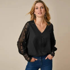 Feestoutfits Dames|Bloes En Tuniek<Blancheporte Soepele bloes met V-hals en lange mouwen, in macramé zwart