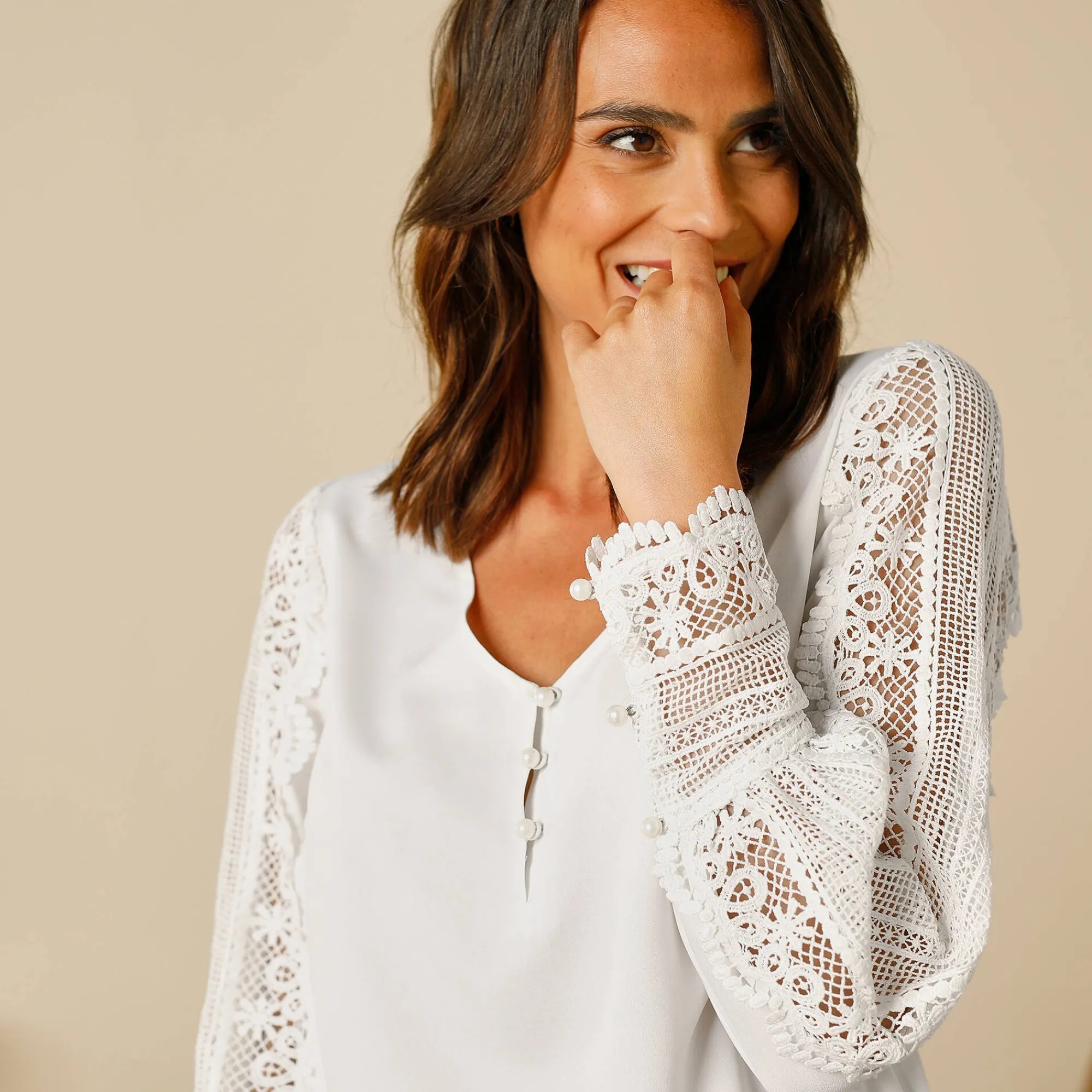 Feestoutfits Dames|Bloes En Tuniek<Blancheporte Soepele bloes met V-hals en lange mouwen, in macramé wit