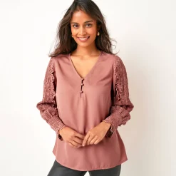 Feestoutfits Dames|Bloes En Tuniek<Blancheporte Soepele bloes met V-hals en lange mouwen, in macramé rozenhout