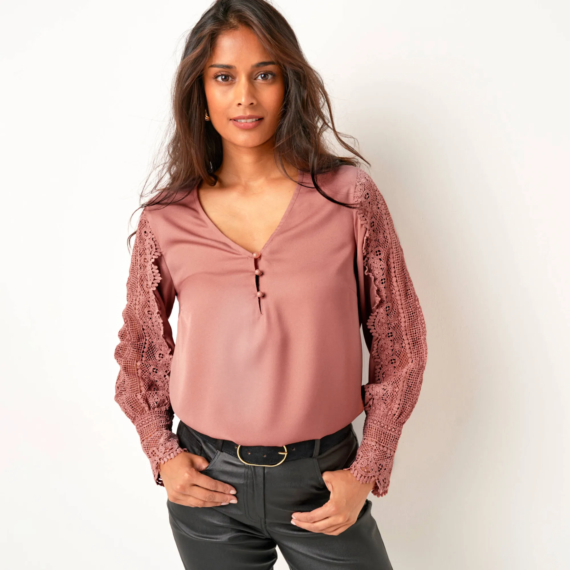 Feestoutfits Dames|Bloes En Tuniek<Blancheporte Soepele bloes met V-hals en lange mouwen, in macramé rozenhout