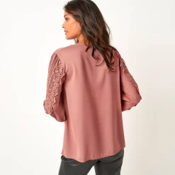 Feestoutfits Dames|Bloes En Tuniek<Blancheporte Soepele bloes met V-hals en lange mouwen, in macramé rozenhout