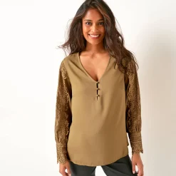 Feestoutfits Dames|Bloes En Tuniek<Blancheporte Soepele bloes met V-hals en lange mouwen, in macramé bronskleur