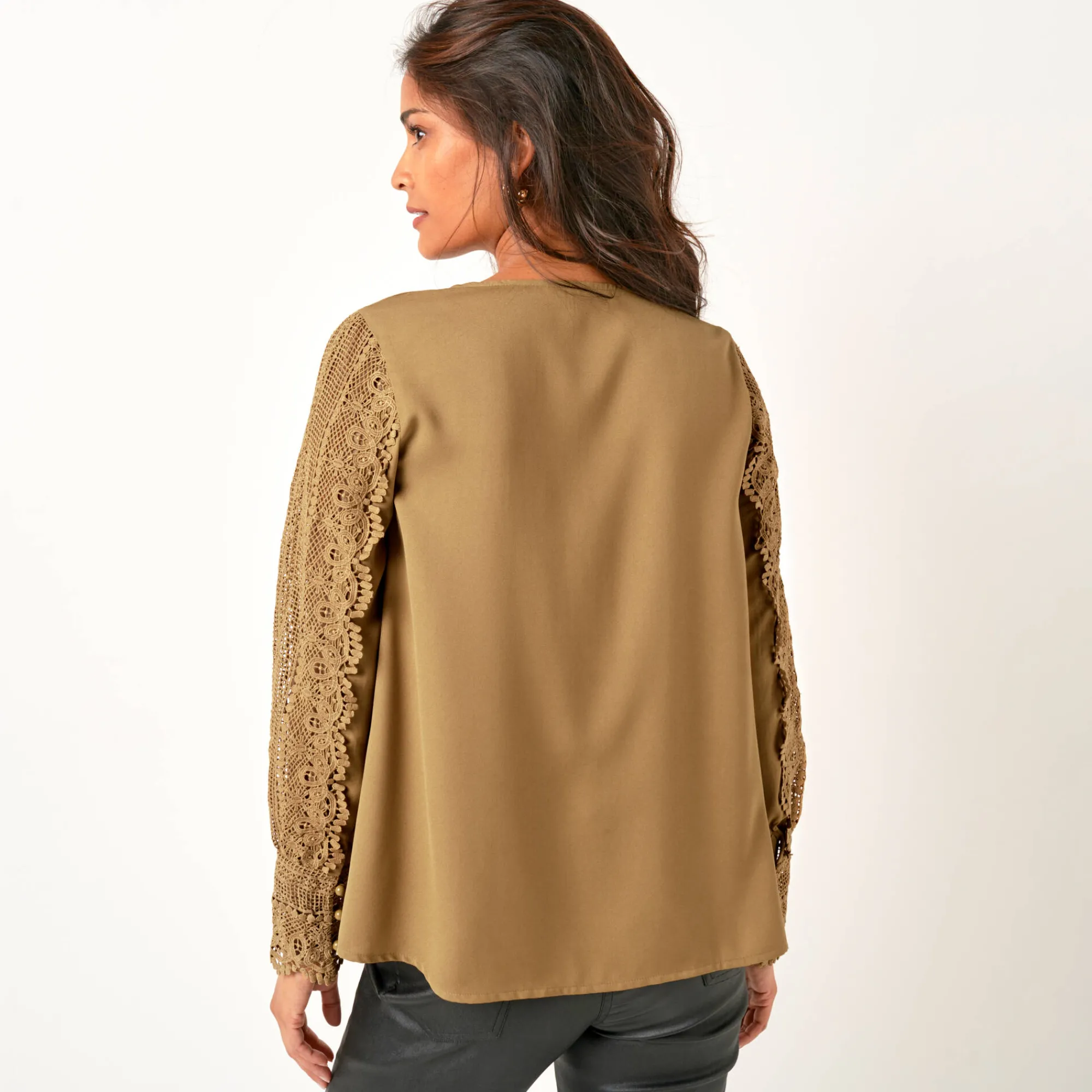 Feestoutfits Dames|Bloes En Tuniek<Blancheporte Soepele bloes met V-hals en lange mouwen, in macramé bronskleur