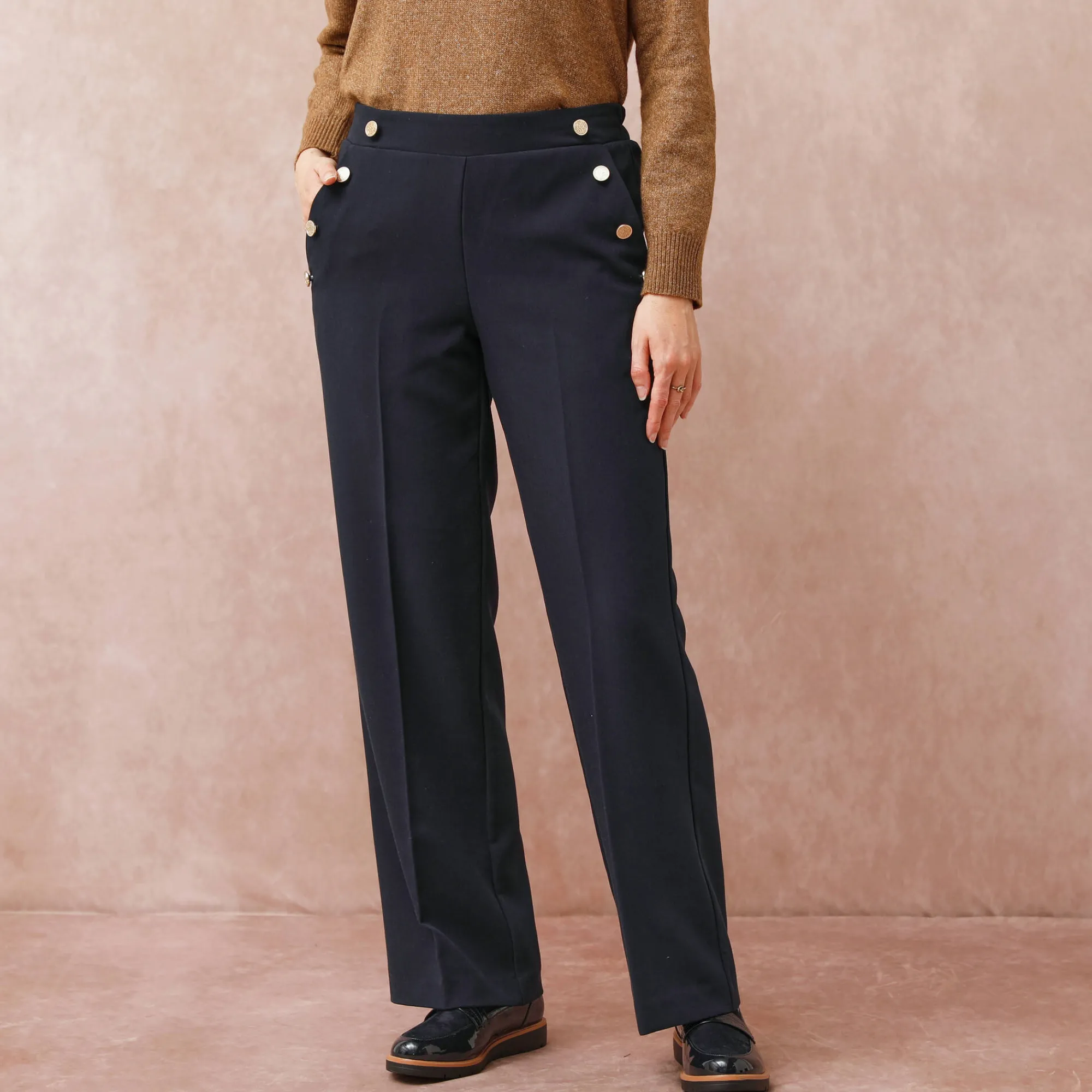 Broek<Blancheporte Soepele broek met knooppandeffect marine
